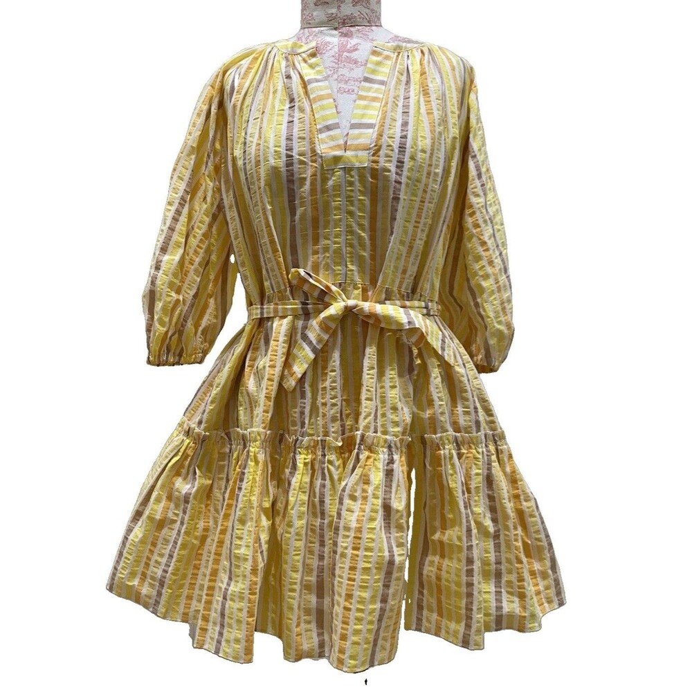 Lemlem Bahiri Striped Mini Dress Sz S Yellow Tiered Bogo Cottage Cotton Ruffle